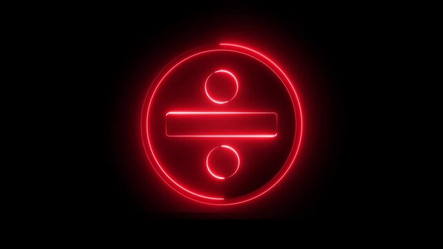Neon division sign icon animation glowing red color education mathematic finance calculation accounting sign symbol on black background