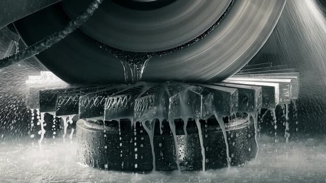 Closeup medium shot showing coolant fluid flowing over blades held on a magnetic chuck during surface grinding emphasizing heat reduction and polished metal surfaces