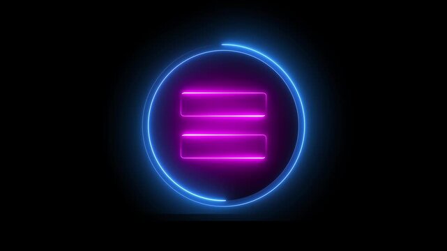 Neon equal sign icon animation glowing pink and blue color education mathematic finance calculating accountancy sign symbol on black background