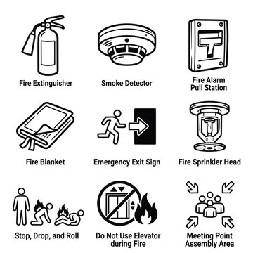 Fire Safety Equipment and Procedures Icons Collection.