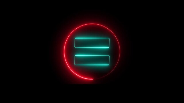 Neon equal sign icon animation glowing red and cyan color education mathematic finance calculating accountancy sign symbol on black background