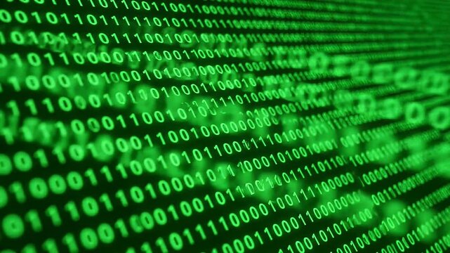 Green binary code on screen.