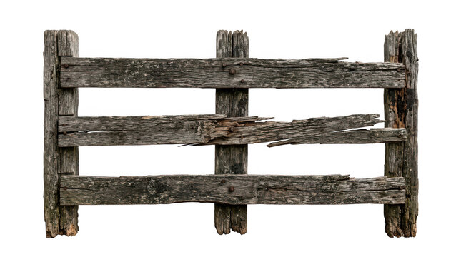 Old rustic wooden fence section isolated
