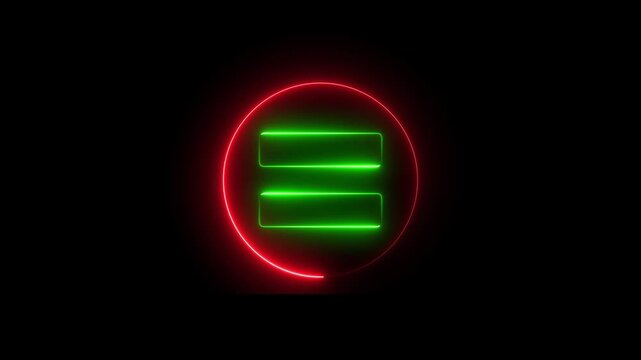 Neon equal sign icon animation glowing red and green color education mathematic finance calculating accountancy sign symbol on black background
