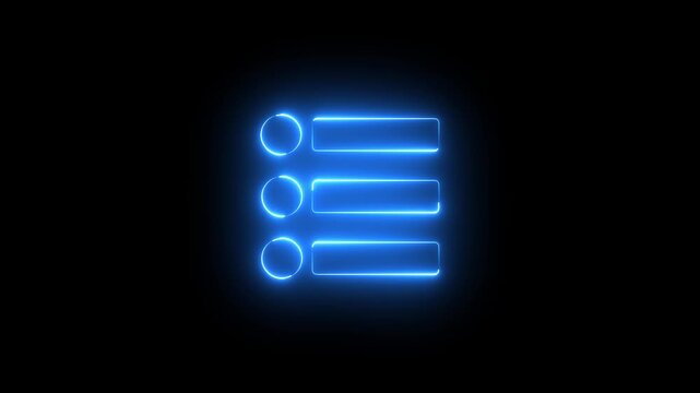 Neon menu bar button sign icon animation glowing blue color web line sign symbol on black background