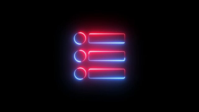 Neon menu bar button sign icon animation glowing red and blue color web line sign symbol on black background