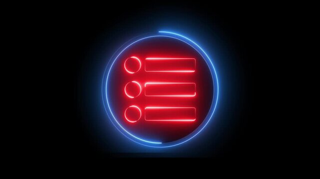 Neon menu bar button sign icon animation glowing red and blue color web line sign symbol on black background