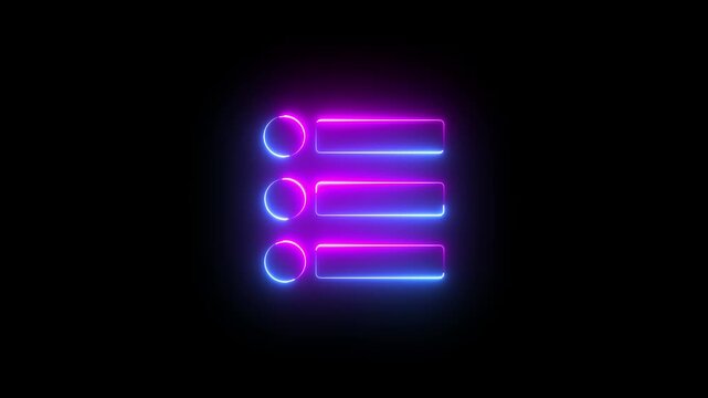 Neon menu bar button sign icon animation glowing pink and blue color web line sign symbol on black background