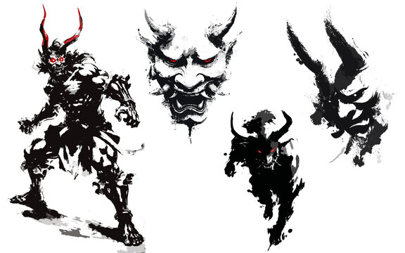 Mod&egrave;le de 4 oni et de kishin japonais, d&eacute;mon cornu