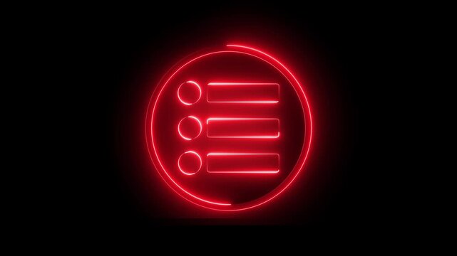 Neon menu bar button sign icon animation glowing red  color web line sign symbol on black background