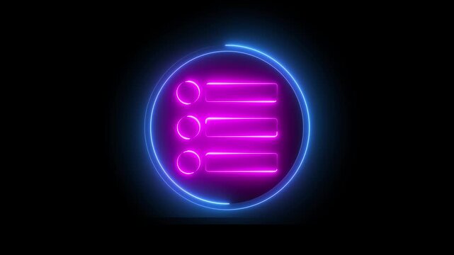 Neon menu bar button sign icon animation glowing pink and blue color web line sign symbol on black background