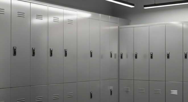 Row of modern grey metal lockers in a locker room