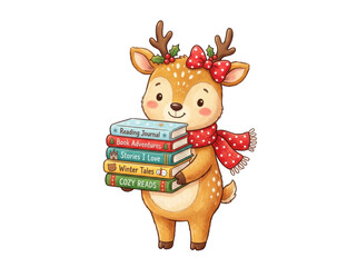 Fototapeta premium Cute cartoon reindeer holding stack of colorful books isolated on transparent background
