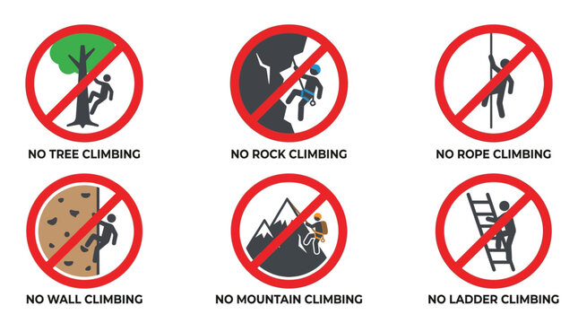 Set of six red prohibition signs depicting various climbing activities strictly forbidden in this public area