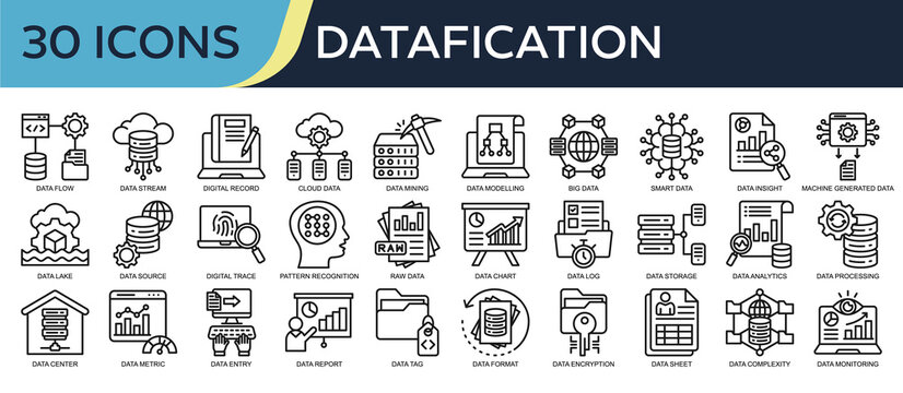 Collection of Datafication icons, related to Data Flow, Digital Record, Big Data, Pattern Recognition, Data Modelling and more. Outline icons vector illustation.