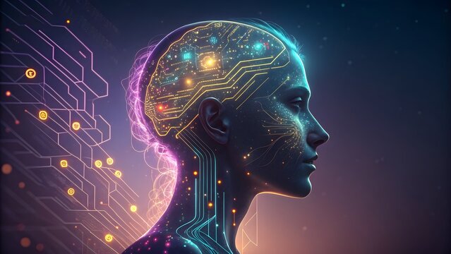 Futuristic human brain neural network digital technology innovation in profile silhouette
