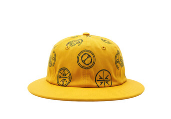Fototapeta premium Mustard yellow baseball cap with intricate graphic design isolated white background