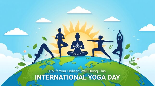 Vector illustration of International Yoga Day Greeting design. People practicing body stretch exercises yoga and world map background.
