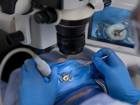 Dentist performing a precise dental procedure on a patient's tooth using an advanced dental microscope, with a magnified view on the screen, emphasizing micro-dentistry, isolated on transparent backgr