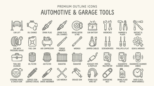 Collection of premium outline icons representing automotive and garage tools for car maintenance and repair.