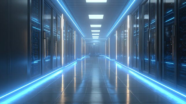 blue-lit data center server room corridor 