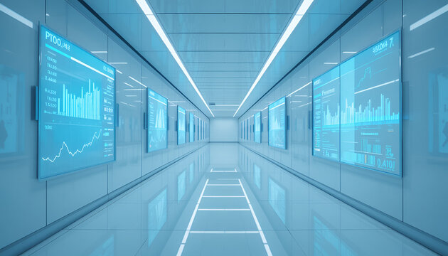 Futuristic corridor with digital screens displaying graphs and charts on walls sleek blue interior with glossy floor