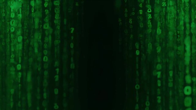 Digital matrix background with falling green code dark screen cyber data backdrop for futuristic hacker concept design abstract technology wallpaper where green binary data stream glow creates