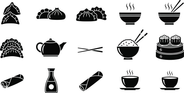 Asian food icon set featuring dumplings dim sum rice bowls tea and spring rolls for restaurant menu design vector