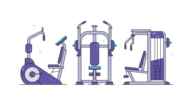 Illustrated collection of modern gym exercise machines for fitness and healthy lifestyle.