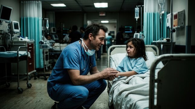 Empathic Doctor Comforts Child Patient In Hospital Scene
