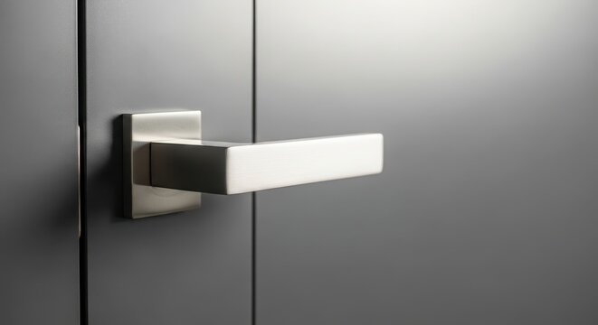 Modern brushed metal door handle on a dark grey door