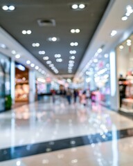 Obraz premium Blurred image of a modern shopping mall corridor with bright lights, shiny floors, and indistinct figures walking along stores.