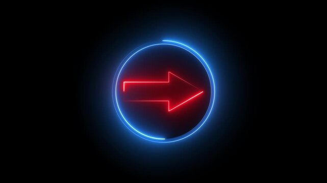 Neon direction right arrow sign icon animation glowing red and blue color help signal place road sign circle information traffic signal journey footage icon sign symbol on black background