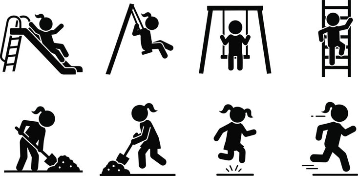 Children playground activity icons set featuring girl stick figures sliding swinging climbing digging jumping and running vector illustration