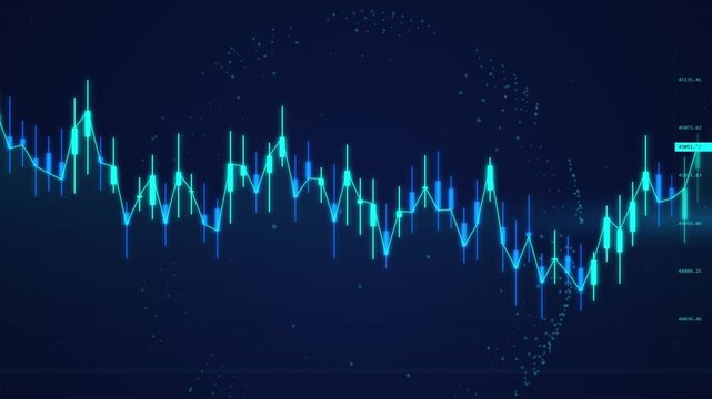 Financial stock market graph with candlestick chart and digital data indicators on blue background