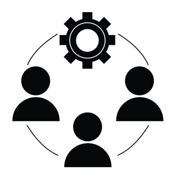 Business teamwork and operations management icon featuring people avatars in a circle loop with a setting gear wheel vector illustration.