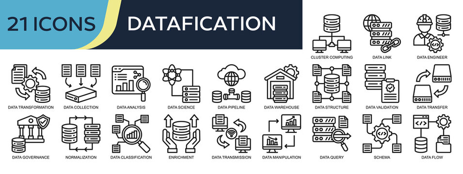 Collection of Datafication icons, related to Cluster Computing, Data Transformation, Data Analysis, Schema, Data Structure and more. Outline icons vector illustation.
