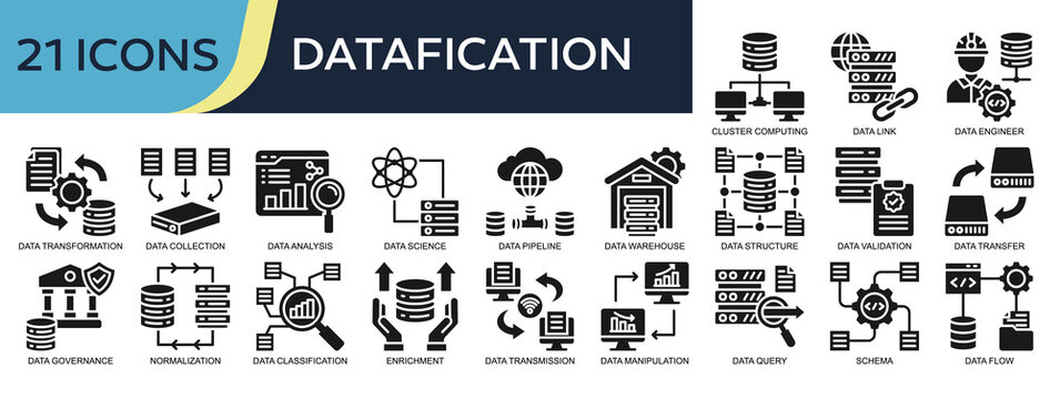 Collection of Datafication icons, related to Cluster Computing, Data Transformation, Data Analysis, Schema, Data Structure and more. Glyph icons vector illustation.