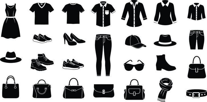 Collection of clothing and fashion accessories icons including shirts dresses footwear and handbags for retail and apparel design vector