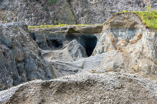Gold mining rocky landscape within Panguna copper and gold mine in Autonomous Region of Bougainville, Papua New Guinea