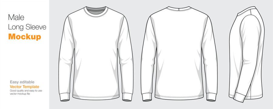 Male Long Sleeve T-Shirt Mockup Vector Template - Front, Back, and Side View