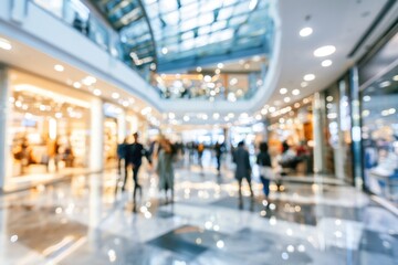Fototapeta premium A blurred image of a bright shopping mall interior with people walking and illuminated store windows.