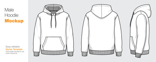 Men's White Hoodie Mockup Vector Template - Front, Back, and Side View © SK design