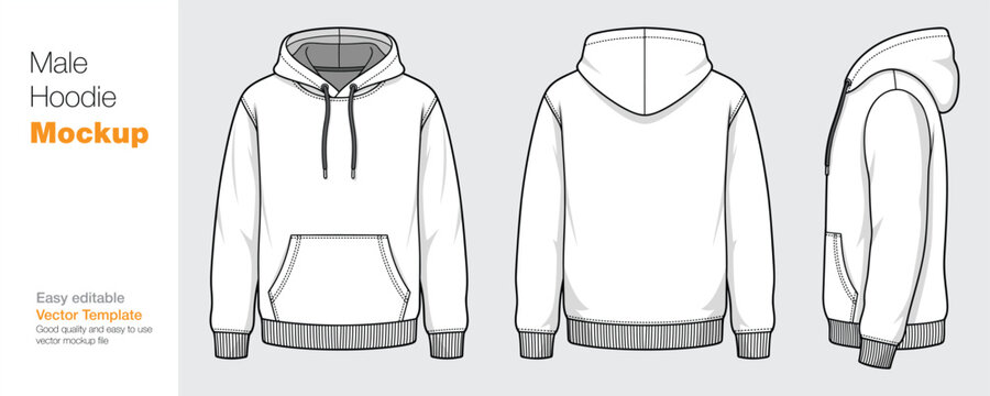 Men's White Hoodie Mockup Vector Template - Front, Back, and Side View