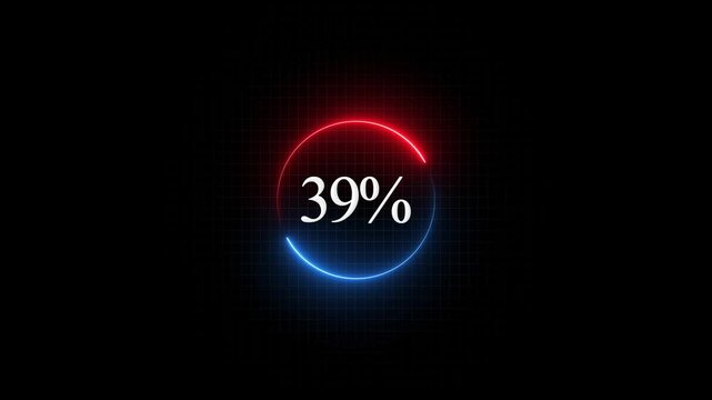 Neon loading circle progress bar with 39 percent digital counter, futuristic hud interface percentage