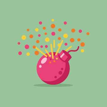 Exploding Bomb with Confetti on Green Background
