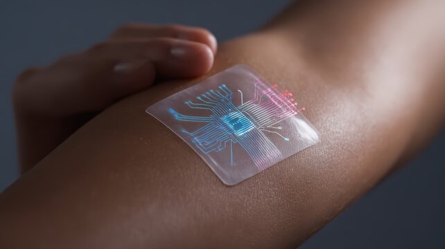 8K Closeup of a futuristic wearable electronic skin patch with integrated microchip circuitry applied to a human arm, representing advanced health monitoring technology image