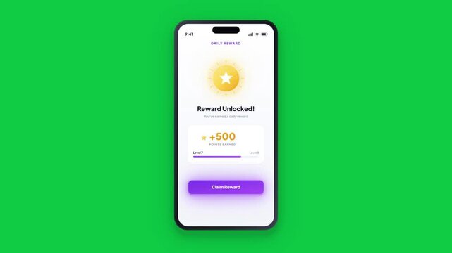 3D smartphone daily reward app unlocking gift with animated points counter on green screen
