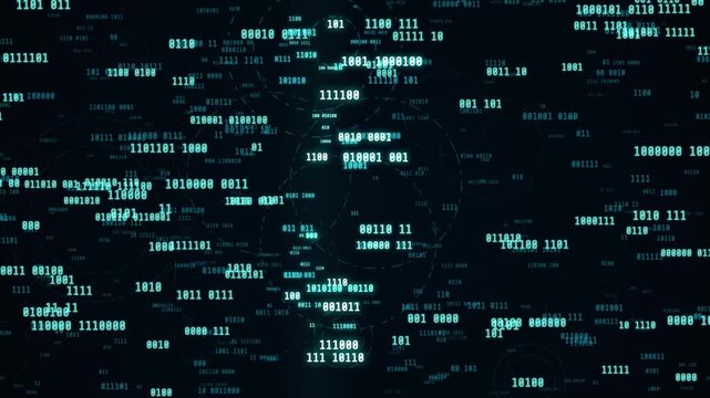 Abstract digital background with binary code, glowing blue numbers, and data stream technology concept