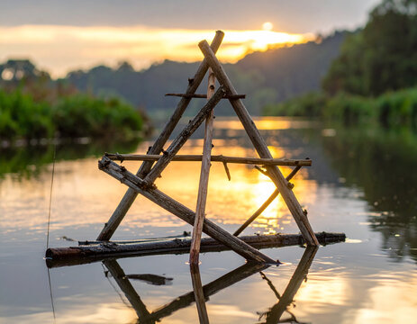 Traditional Bamboo Fish Trap in a Calm River at Sunrise with Golden Reflection